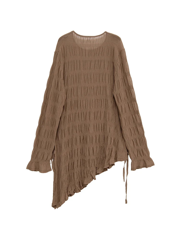 بلوزة نسائية جديدة غير رسمية موديل 2025، بأكمام طويلة وحاشية غير متماثلة، أنيقة، بتصميم مطوي سادة، بأكمام طويلة، منقسمة