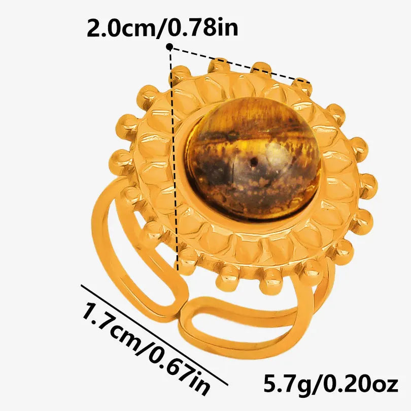 خاتم من حجر عين النمر الحقيقي على شكل قلب الشمس من الفولاذ المقاوم للصدأ، خواتم مفتوحة للنساء والرجال، إكسسوارات مجوهرات عتيقة مطلية بالذهب الحقيقي