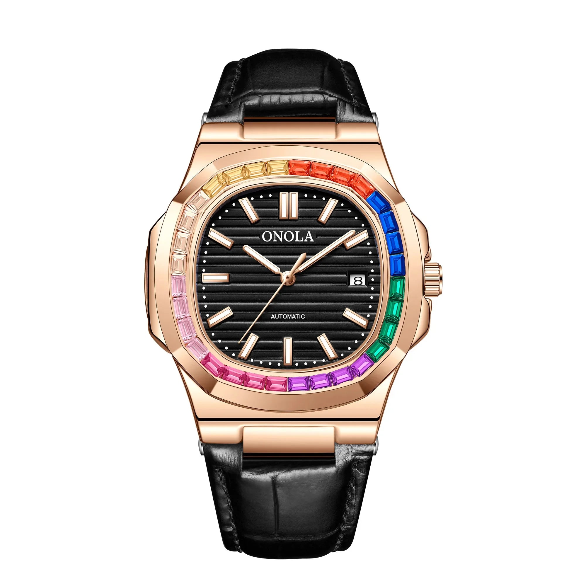 ساعة يد ONOLA للرجال والنساء ميكانيكية أوتوماتيكية بالكامل مرصعة بالألماس الملون، مصنوعة من الجلد المقاوم للماء