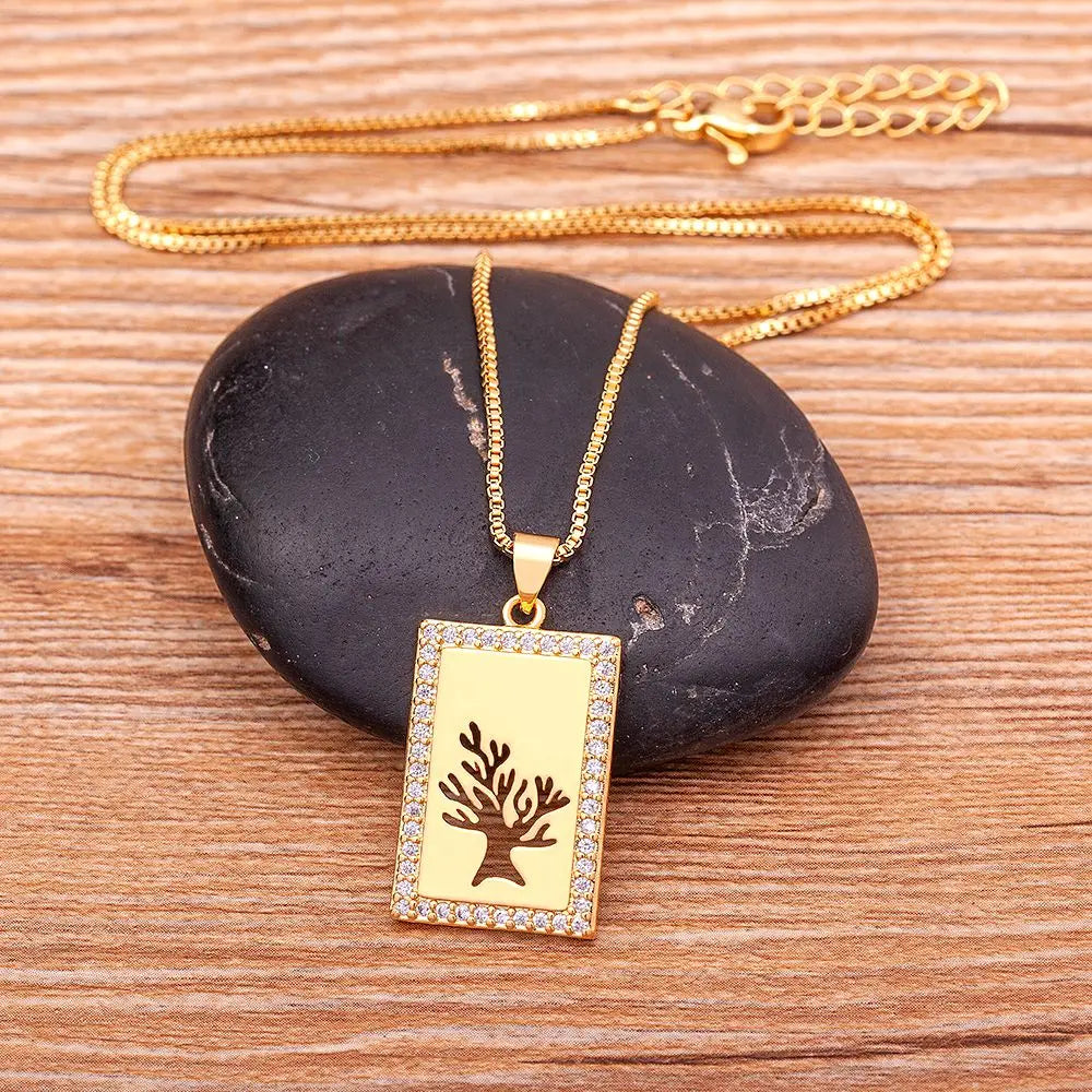 Nidin Hot Sale Tree of Life Necklace Zircon Crystal Hollow Pendant Gold Plated for Women Fashion Party Wedding Elegant Jewelry