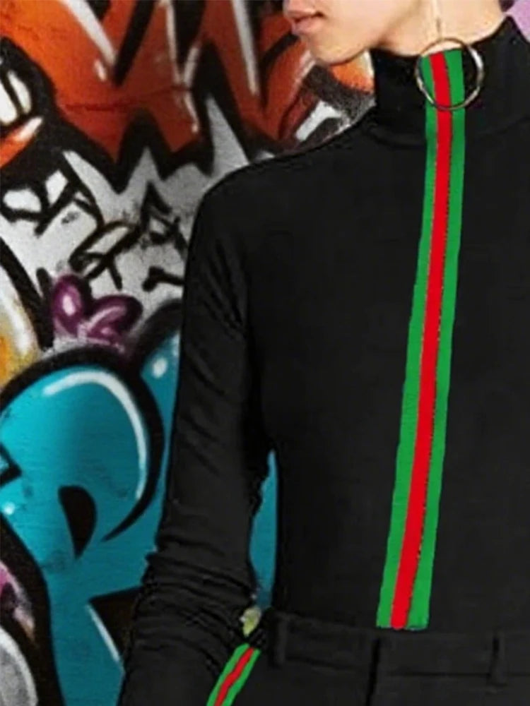 2025 Fashion Women's Clothes Long Sleeves Skinny Contrast Color Striped High Neck T-Shirts Casual Y2k Female Tops