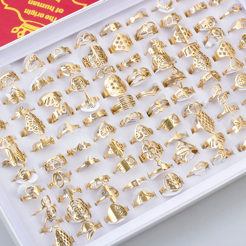 ١٠٠ قطعة من الخواتم المنقوشة المصنوعة من الفولاذ المقاوم للصدأ للرجال والنساء، مجوهرات أنيقة، هدية، خواتم على شكل زهرة مجوفة، بيع بالجملة