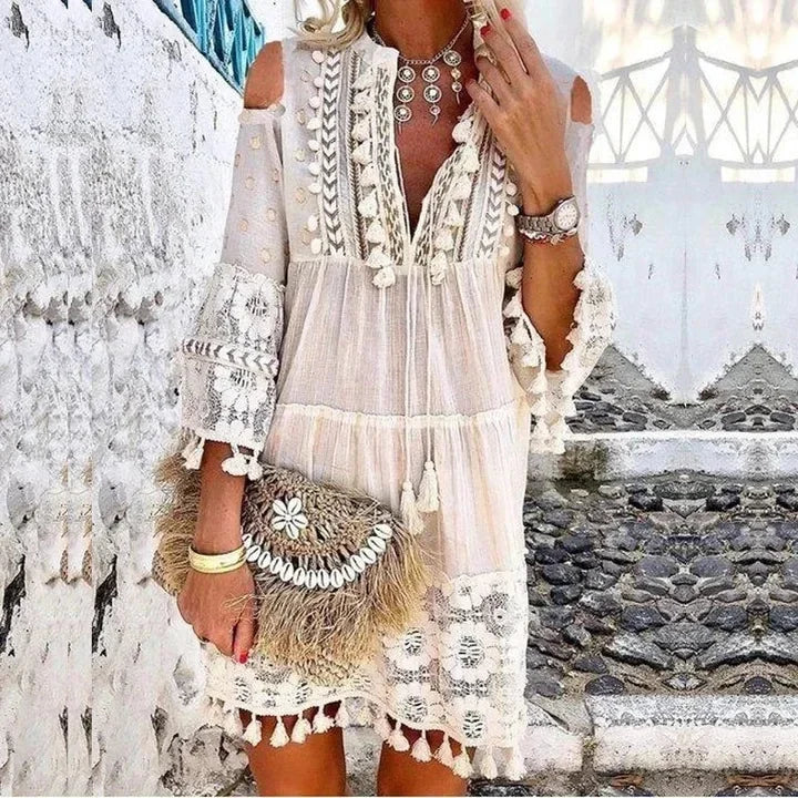 Spring Large Size Women Dress Lace White V-neck Lace Tassel Casual Dresses Female New Casual Elegant Fashion Ladies Clothes