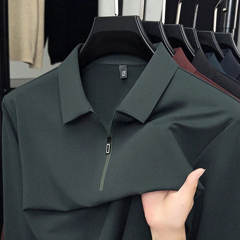 قميص بولو رجالي بأكمام طويلة وسحاب نصفي وياقة دائرية وقميص بولو فضفاض وغير رسمي خريف 2025 بلون نقي وقاعدة علوية