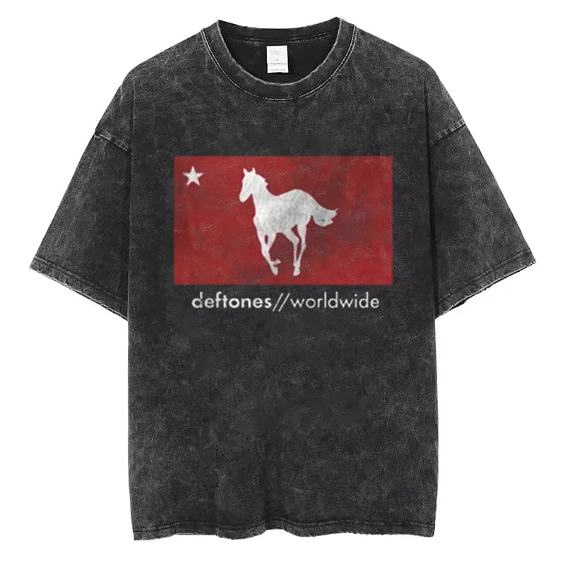 تي شيرت Ohms White Pony Deftones Rock Band للرجال والنساء تي شيرت عتيق مغسول Harajuku Gothic صيفي غير رسمي ملابس الشارع توب هيب هوب Y2K