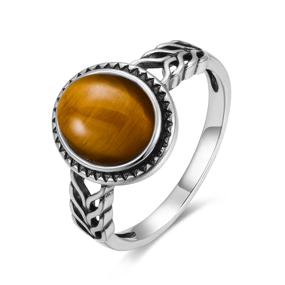 خواتم فضة إسترليني عيار 925 بتصميم عتيق، مرصعة بحجر عين النمر الطبيعي على شكل زهرة، مقاس 8×10 مم، مناسبة للرجال والنساء.