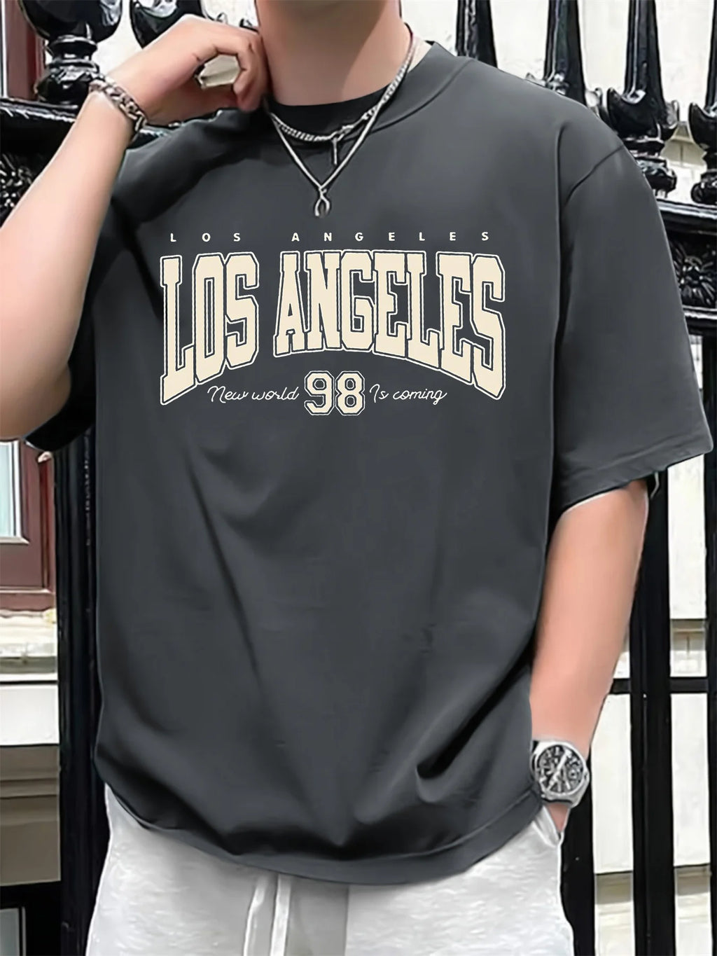 Men's summer 100 cotton fashionable casual loose plus size Los Angeles 98 printed sports round neck short sleeved T-shirt top
