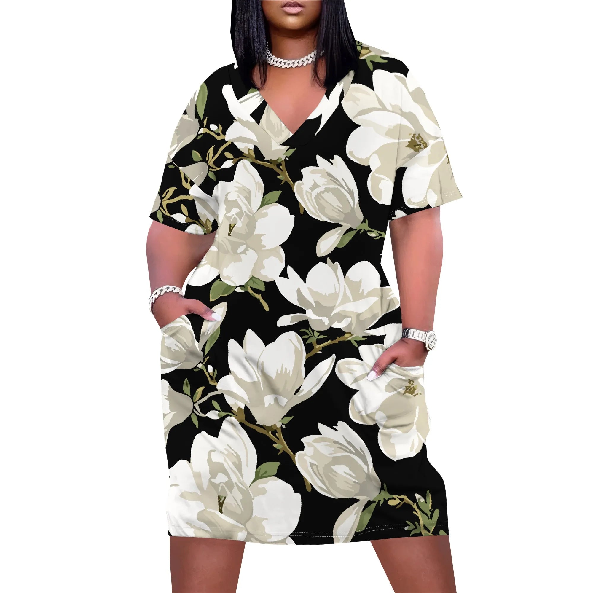 Plus Size Floral Print Dress for Women Summer V Neck Casual T Shirt Dress with Pockets Elegant Style