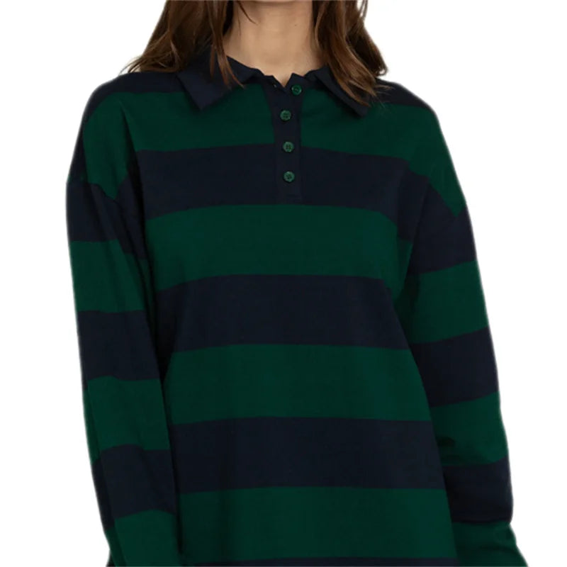 تي شيرت نسائي Y2K مخطط بألوان متباينة مع أزرار وياقة مطوية وأكمام طويلة من قماش الجيرسي الفضفاض