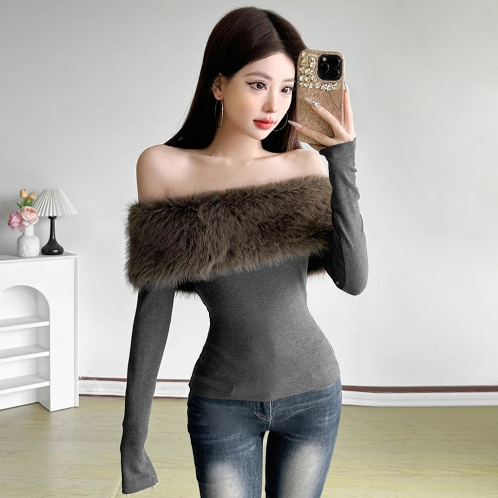 تي شيرتات SylCue خريفية جديدة للنساء، مرقعة بالفرو، رقبة مائلة، بدون ظهر، أكمام طويلة، موضة الشارع، قمم كلاسيكية جذابة