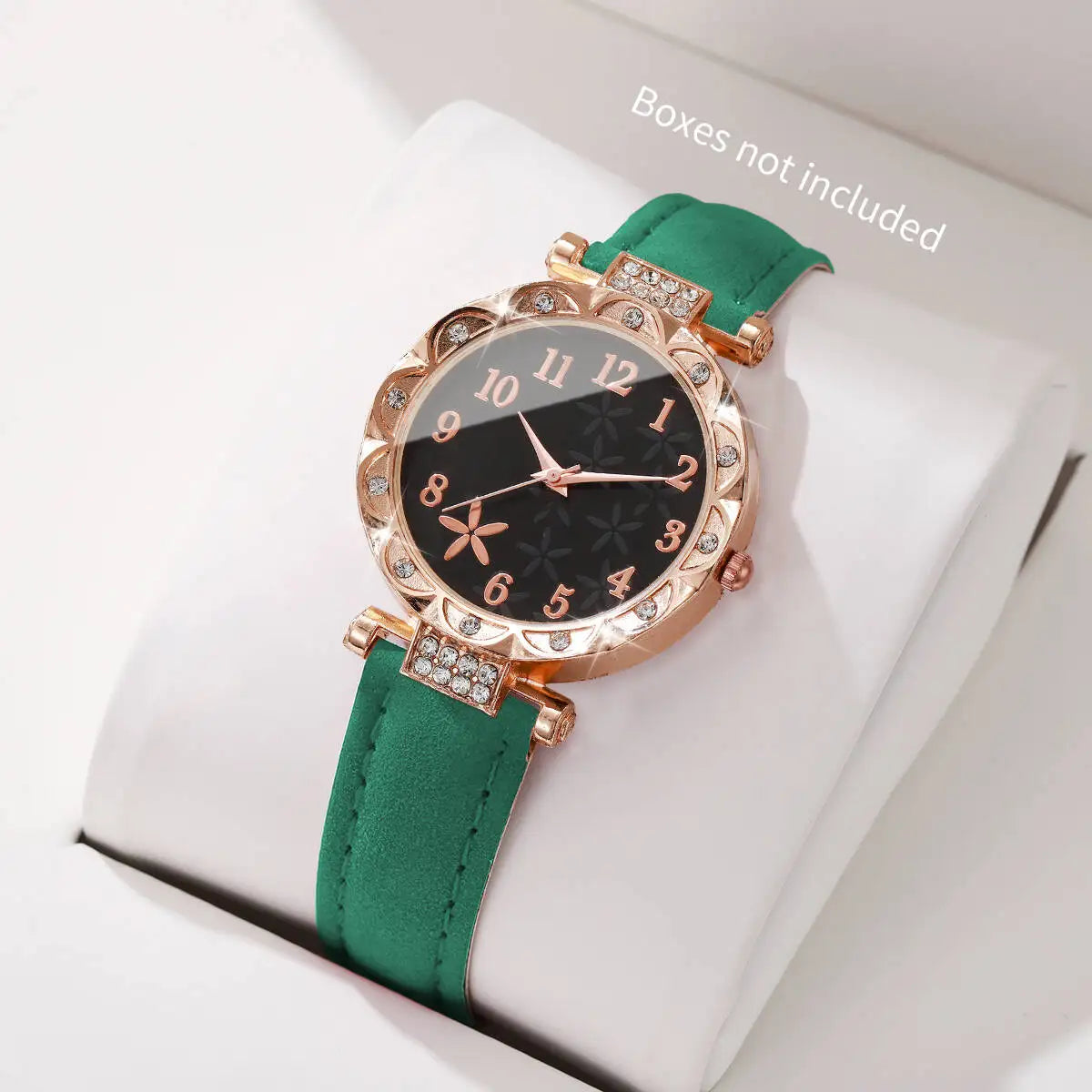 ساعة يد كوارتز أنيقة للنساء، مزينة بمينا مزهر وسوار جلدي، ساعة يد كوارتز نسائية (بدون علبة)