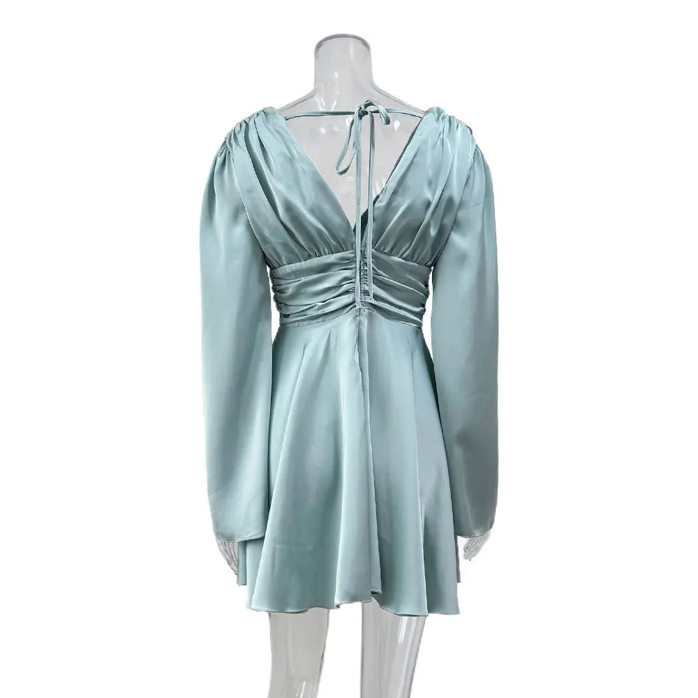 Elegant Party Satin Flare Long Sleeve Dress Womens Sexy Deep V Neck Solid Color Higt Waist Dresses Autumn Fashion Short Skirts