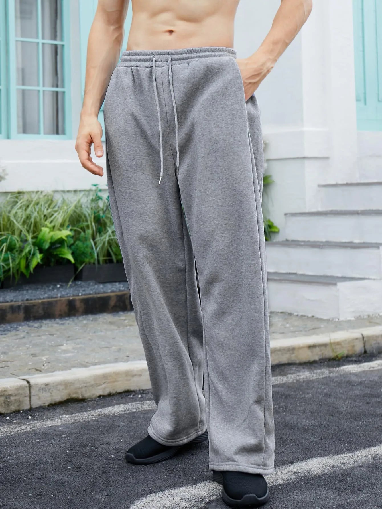 Men's Casual Sports Pants Solid Color Drawstring Waist Wide-Leg Sweatpants Loose Fit with Pockets  Autumn Winter Style