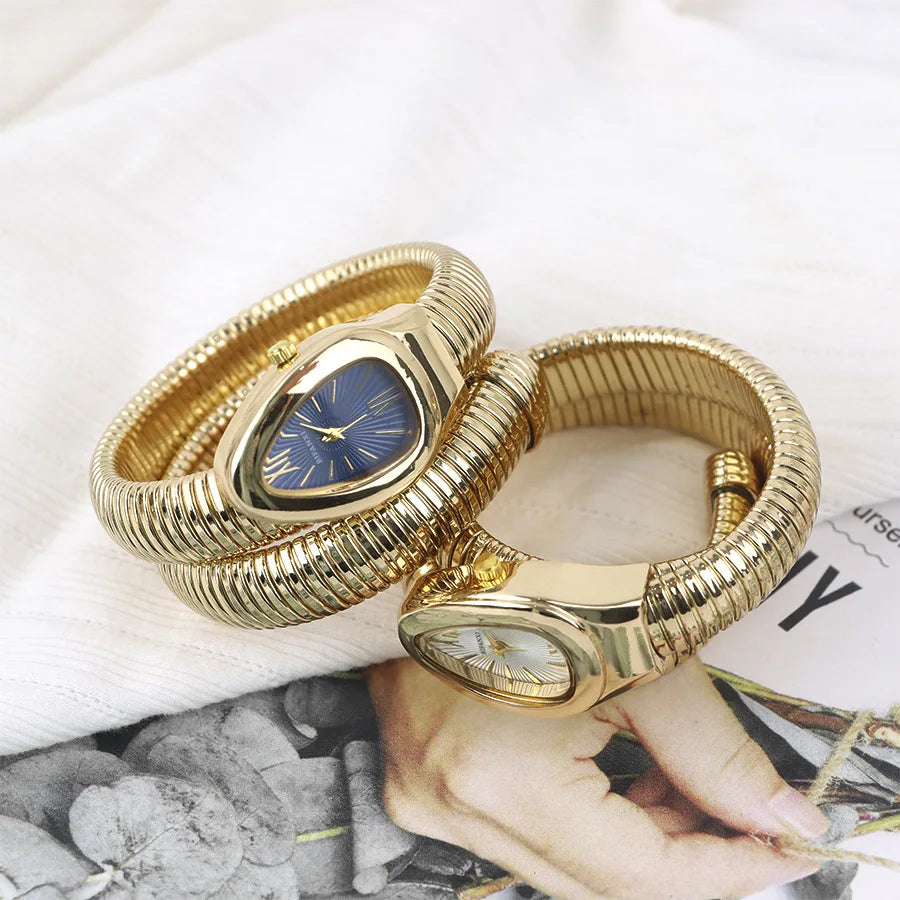 ساعات كوارتز فريدة من نوعها للنساء من الذهب الثعباني رائجة البيع ساعة بسيطة كلاسيكية الطراز للنساء ساعة فاخرة لامعة للسيدات ساعة Relogio