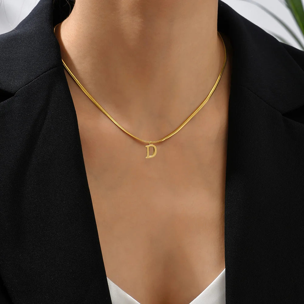 Stainless Steel Flat Snake Chains with A-Z Initial Pendant Necklace for Women Gold Color Alphabet Letter Necklace Collar Jewelry