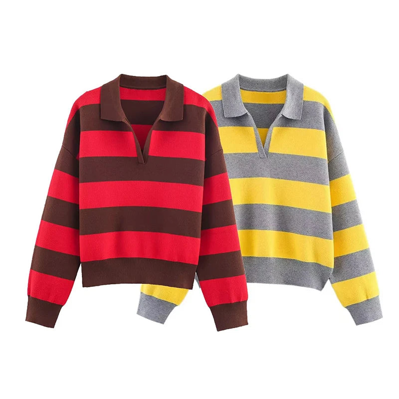 بلوزة نسائية محبوكة مخططة بأكمام طويلة وياقة بولو مناسبة للخريف والشتاء، بلوفر، ملابس أنيقة غير رسمية، جديدة لعام 2025