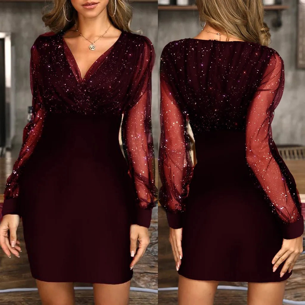 Ladies' Sexy Retro Elegant Mesh Long Sleeve Evening Short Dress Fashion Minimalism Slimming Sequins V-neck Party Mini Skirt