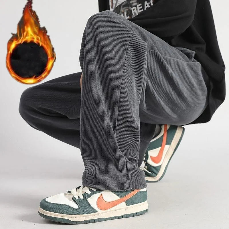 2023 Autumn Winter New Corduroy Fleece Straight Leg Casual Pants Men Solid Waist Drawstring Pocket Loose Versatile Warm Trousers