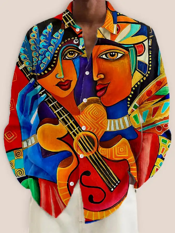 قميص رجالي جديد لعام 2024، مطبوع عليه رسومات فنية ثلاثية الأبعاد، بصف أزرار واحد وأكمام طويلة، قميص كاجوال بياقة فضفاضة وأكمام طويلة