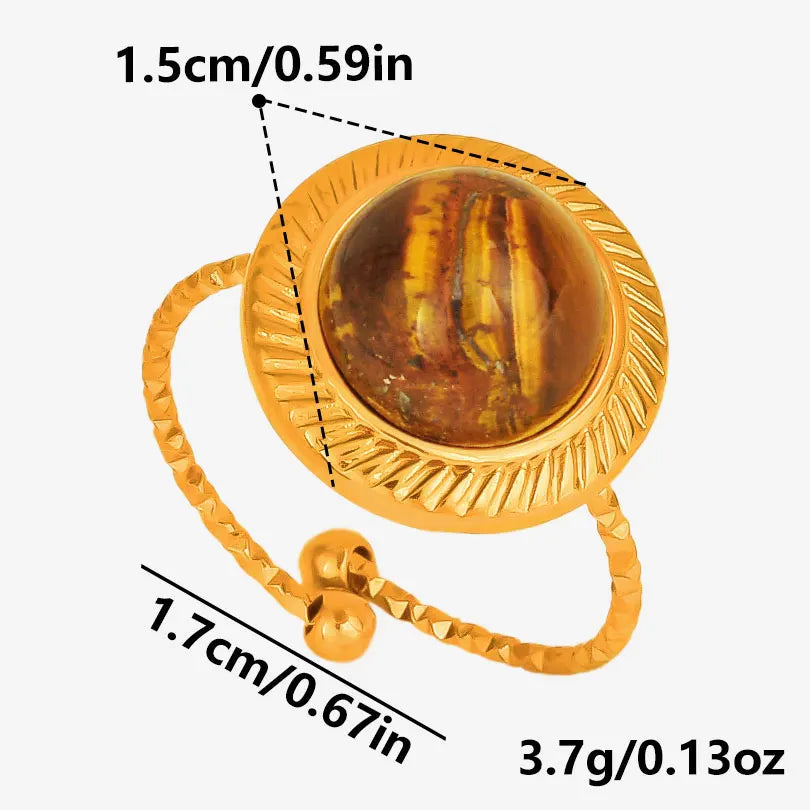 خاتم من حجر عين النمر الحقيقي على شكل قلب الشمس من الفولاذ المقاوم للصدأ، خواتم مفتوحة للنساء والرجال، إكسسوارات مجوهرات عتيقة مطلية بالذهب الحقيقي