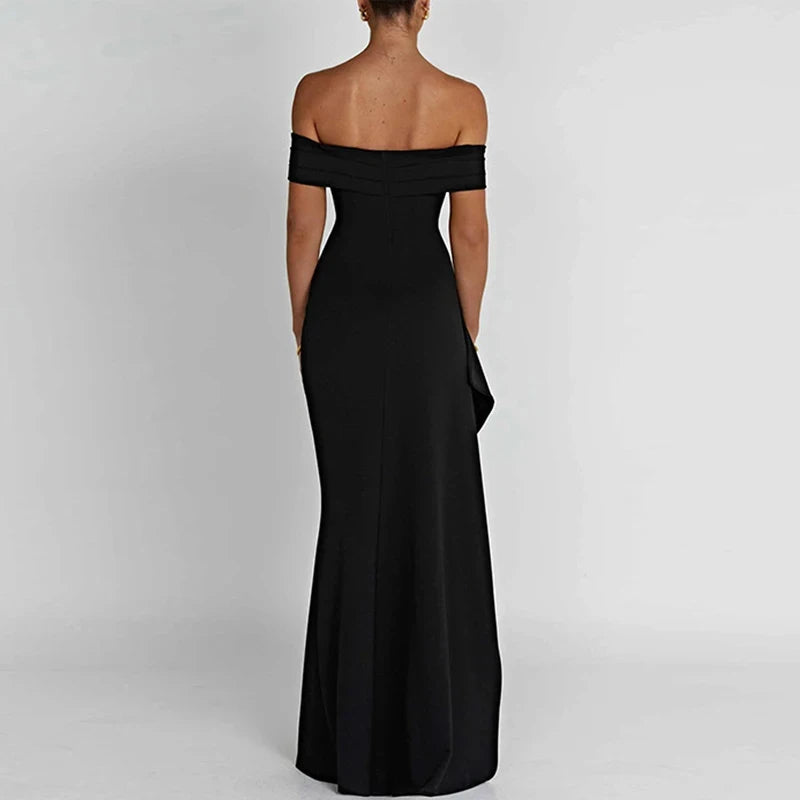 Women Backless Slash Neck Party Dress Sleeveless Split Dress Elegant Black Long Dresses New Fashion Summer 5963
