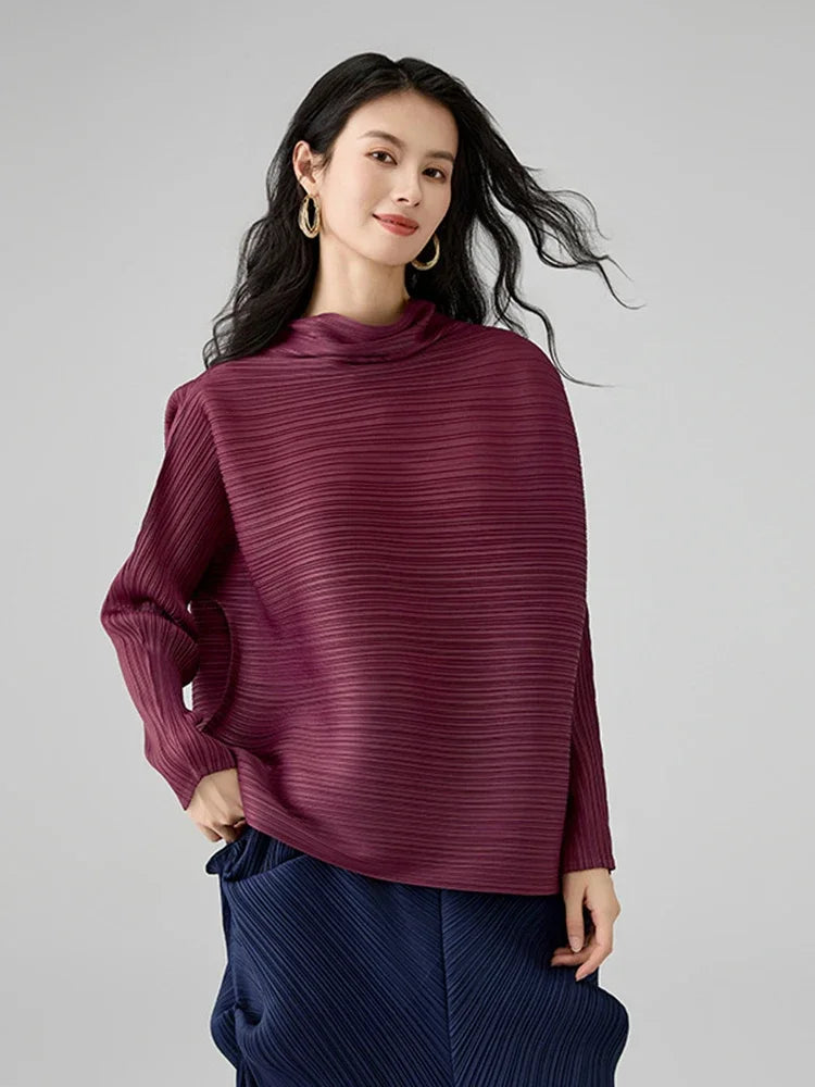 تيشيرت نسائي كاجوال بأكمام طويلة وقصة واسعة من الأسفل مع ياقة وشاح، بلوزة فضفاضة أنيقة من مياكي، صيف 2025، لون عنابي مطوي