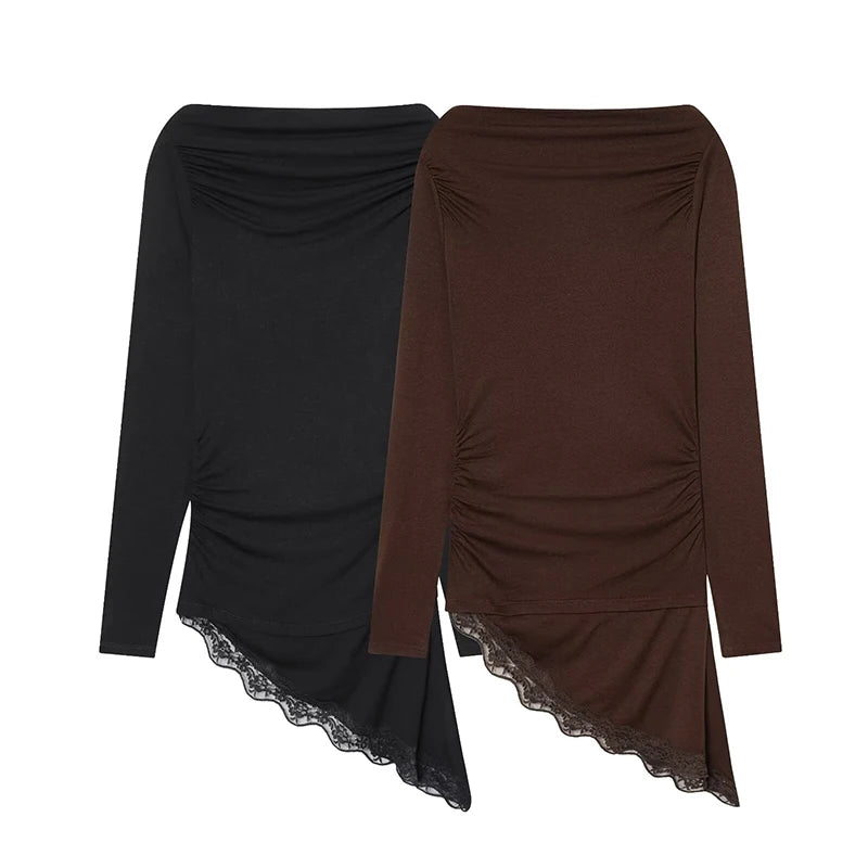 تي شيرتات نسائية ربيع خريف موضة تي شيرتات بحافة من الدانتيل للنساء غير متماثلة ملابس الشارع بأكمام طويلة وقمصان كاجوال رفيعة