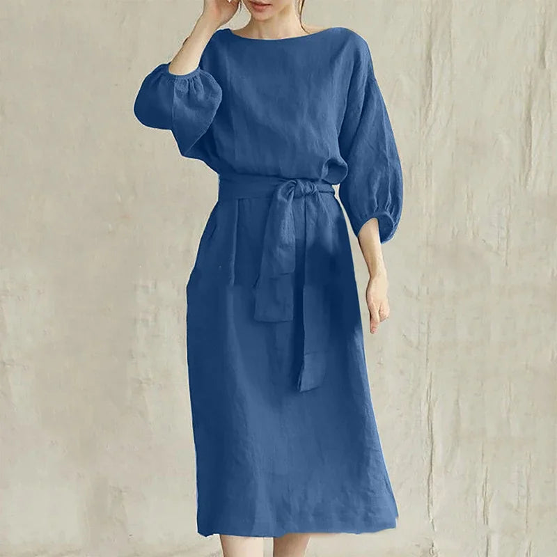Women'S Vintage Long Sleeve High Waisted Tied Solid Color Round Neck Dress Elegant Long Sleeve Midi Dresses for Women with Belt