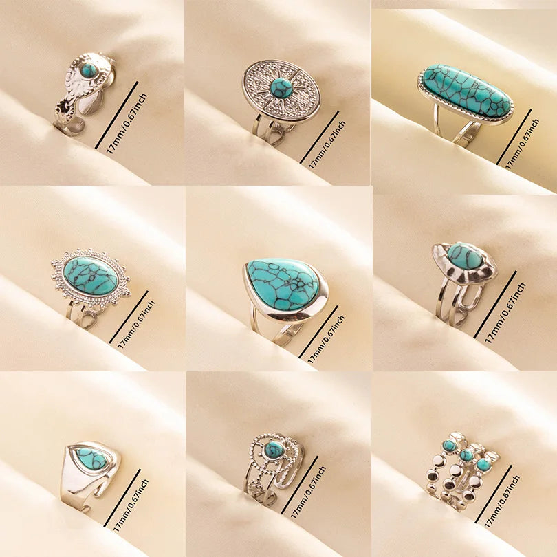 5 قطع من الخواتم الفنية البوهيمية المفتوحة المرصعة بحجر الفيروز الأزرق الفاتح، قابلة للتعديل، مصنوعة من الفولاذ المقاوم للصدأ، هدايا مجوهرات بوهيمية للنساء