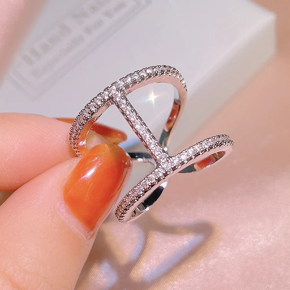 خاتم فضة إسترليني عيار 925 أصلي بتصميم هندسي بسيط على شكل صليب مزدوج، مجوف، قطعة مجوهرات عصرية أنيقة للنساء