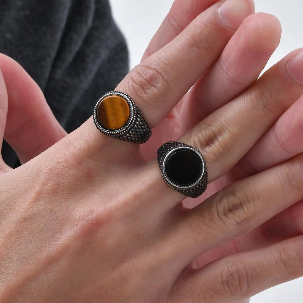خاتم فينوكس ذو ملمس حراشف التنين للرجال، خاتم إصبع علوي مرصع بحجر عين النمر المستدير، خاتم ختم من الفولاذ المقاوم للصدأ مرصع بحجر كريم أسود