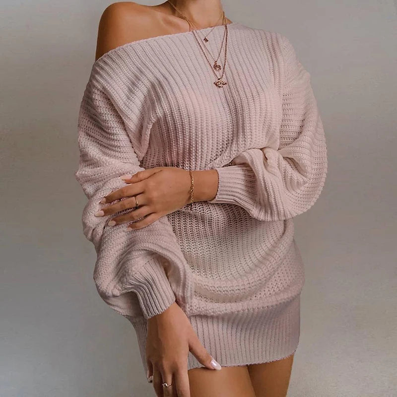 Fashion Off Shoulder Sweater Dress for Women Solid Color Balloon Sleeve Long Knitted Sweaters Woman Wild Warm Sweater Dresses