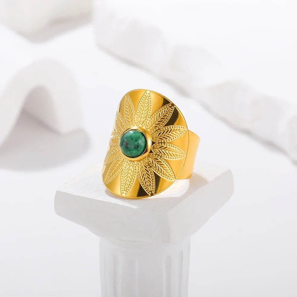 Boho Blue Natural Stone Ring For Women Men Gold Color Stainless Steel Ring Hollow Adjustable Opening Rings Jewelry Gift