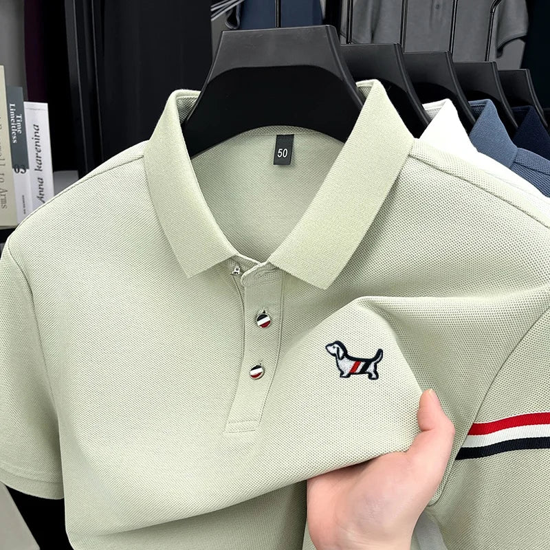 قميص بولو رجالي عالي الجودة، مخطط برسومات كرتونية، بأكمام قصيرة، مناسب للعمل، صيفي، مناسب للصيف، مصنوع من القطن بنسبة 100%