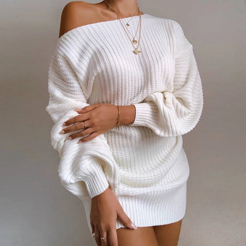 Fashion Off Shoulder Sweater Dress for Women Solid Color Balloon Sleeve Long Knitted Sweaters Woman Wild Warm Sweater Dresses