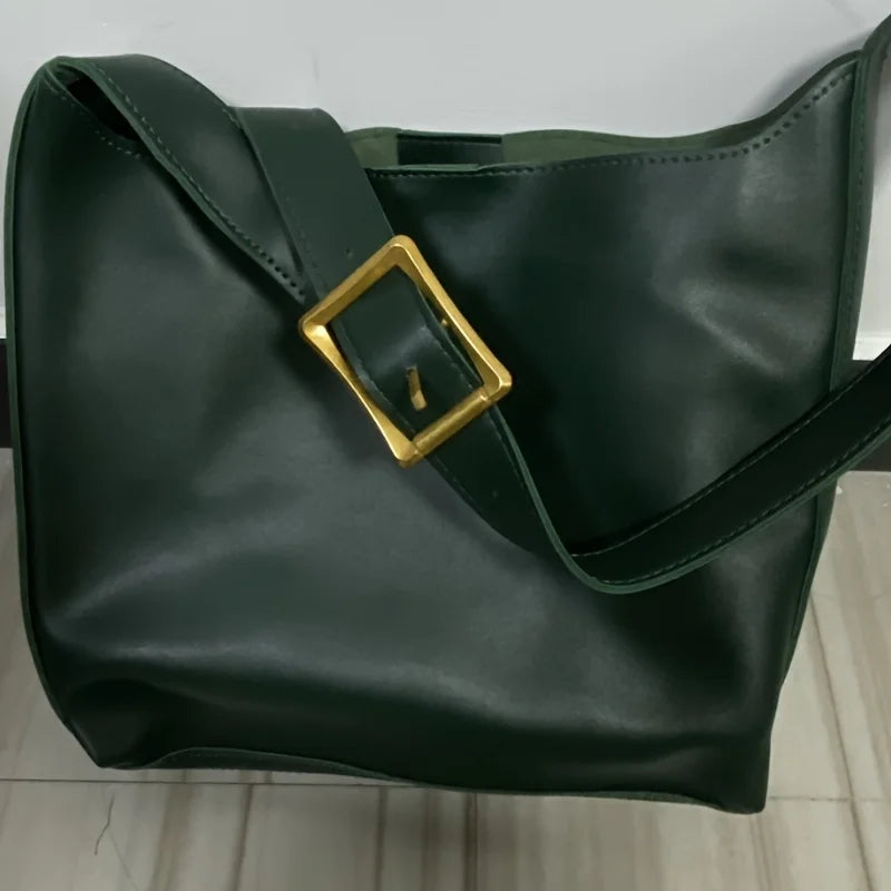 Women's Fashion Tote Bag, Minimalist Shoulder Handbag, Retro Faux Leather Bucket Bag, Polyurethane Lining, No Print