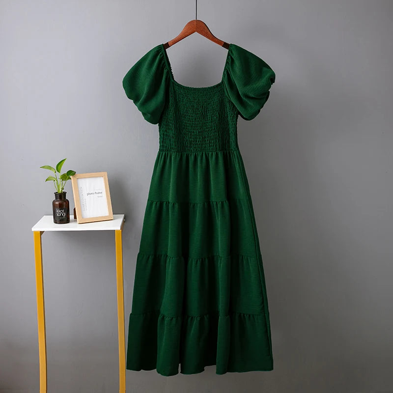 Elegant Solid Long Dresses Summer New Sexy Backless Slash Neck Elastic Dress Women High Waist Puff Sleeve Maxi Dress Elegant