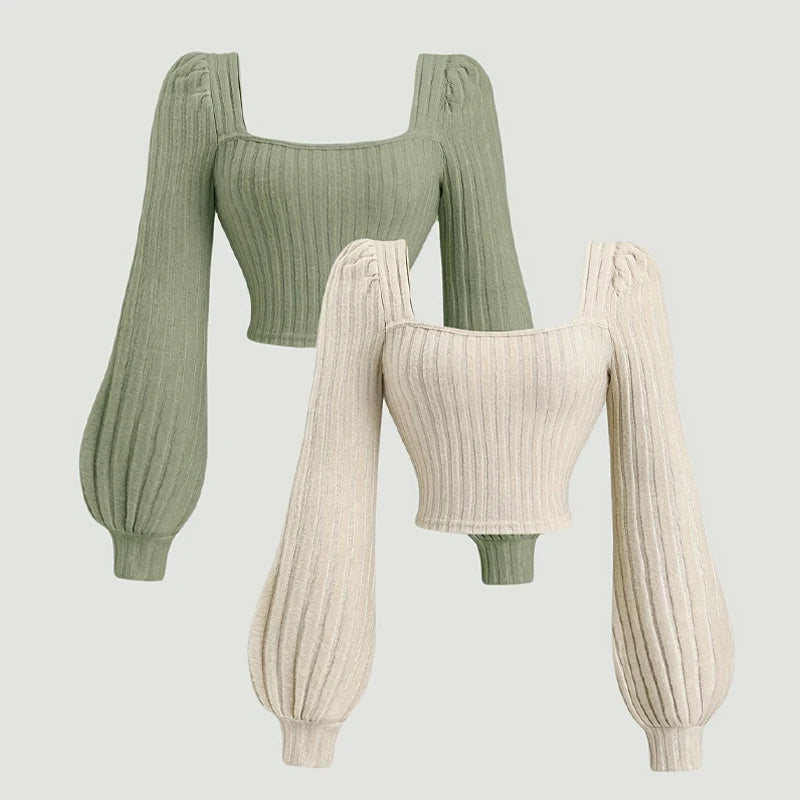 طقم مكون من قطعتين من سترة نسائية برقبة مربعة لفصل الخريف والشتاء، مع بلوزة قصيرة بأكمام طويلة وقبة دائرية أنيقة من نسيج مضلع، بلوفر أنيق للارتداء في الشارع