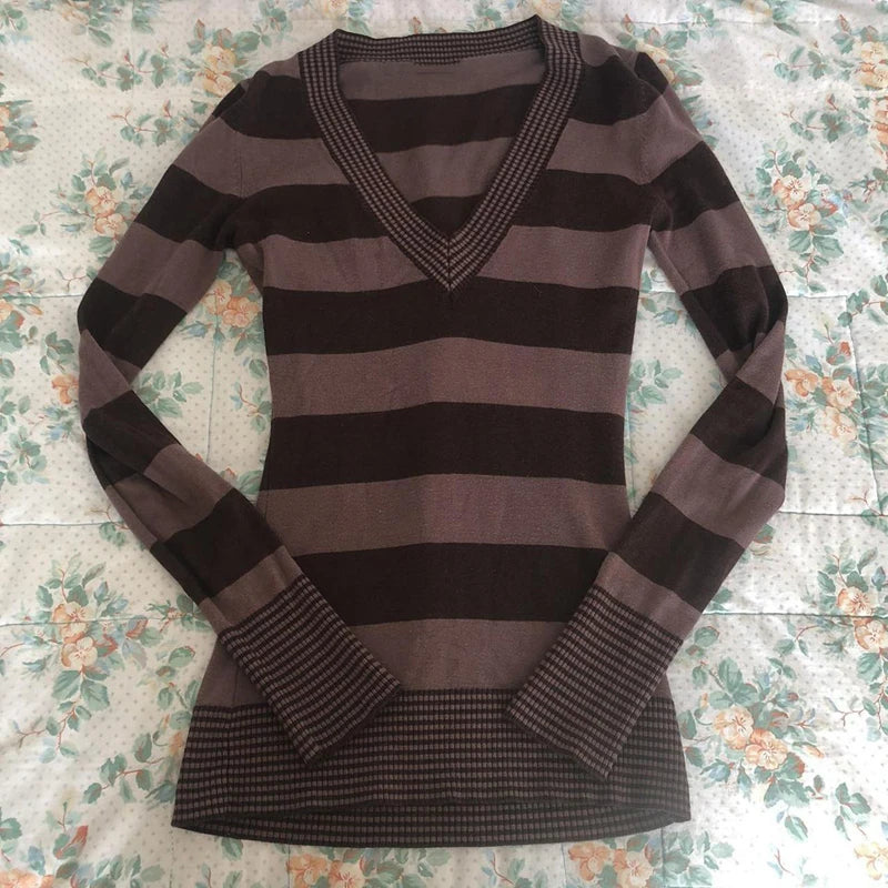 Grunge Fairy 90s Vintage Striped T-shirt Autumn Spring V Neck Long Sleeve Tops Y2K Chic Women Retro Knitted Sweater Tees Top