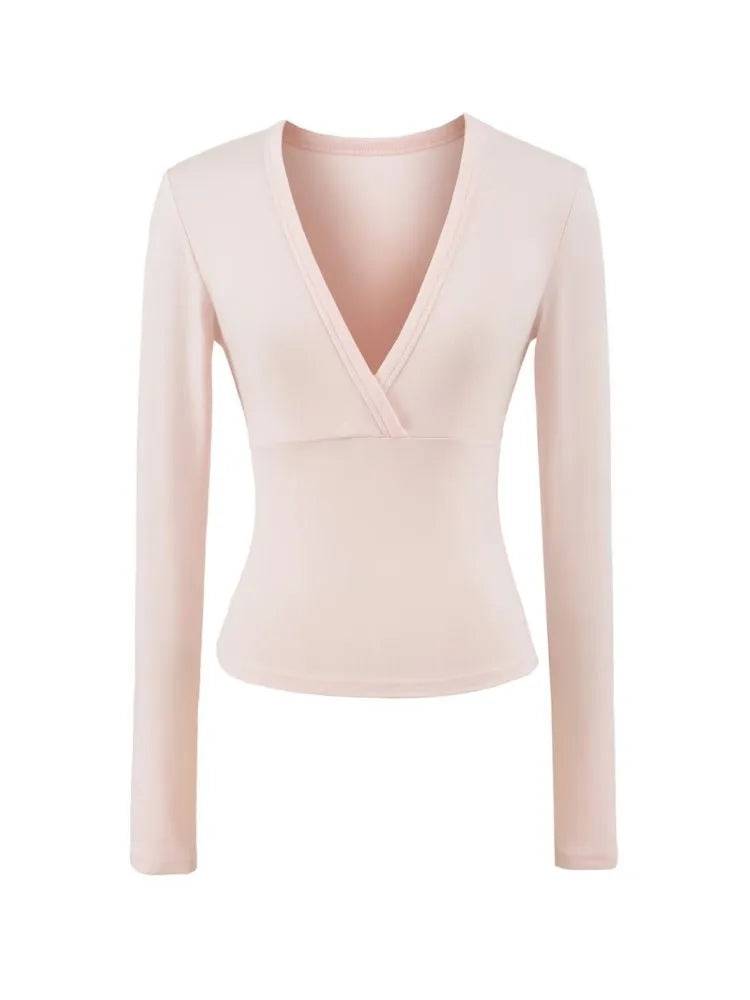 Cute Pink V-neck Slim T-shirts Women Autumn New Streetwear Casual Cotton Long Sleeve Tees Female Vintage Sweet Tshirt Y2K Tops