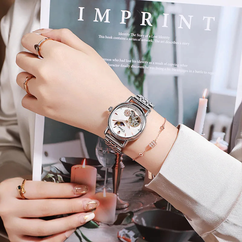 ساعات يد نسائية ميكانيكية أوتوماتيكية من ماركة أزياء، ساعة يد مرصعة بالألماس، لوحة قمرية، فستان عمل، ساعة مضيئة مقاومة للماء