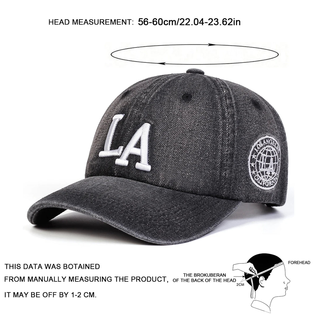 قبعات بيسبول للجنسين من قماش الدنيم المغسول المطرز بحرف LA للربيع والخريف، قبعات كاجوال قابلة للتعديل، قبعة واقية من الشمس، قبعة رياضية