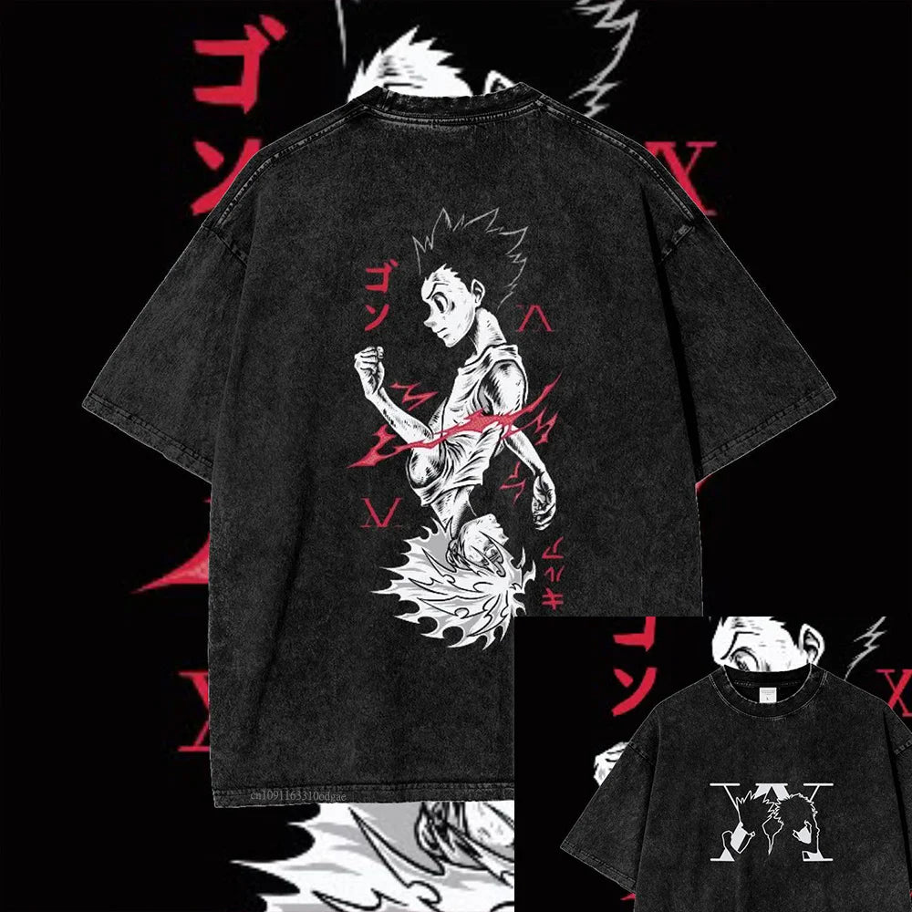 Hunter x Hunter T-shirt Men Gon Freecss Phantom Troupe Killua Zoldyck Men's T-shirt Summer Vintage Snow Washed Anime Unisex Tops