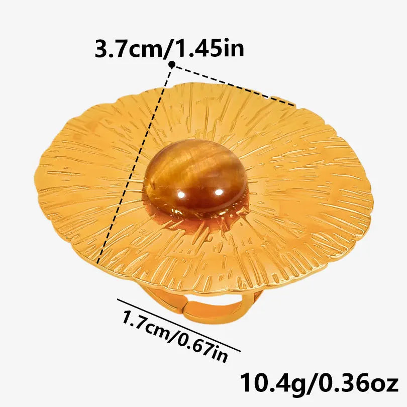 خاتم من حجر عين النمر الحقيقي على شكل قلب الشمس من الفولاذ المقاوم للصدأ، خواتم مفتوحة للنساء والرجال، إكسسوارات مجوهرات عتيقة مطلية بالذهب الحقيقي