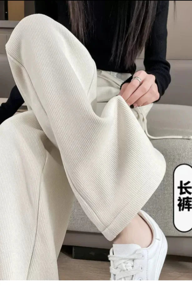 Fleece Lined Wide Leg Pants Women's Slim Straight Thick Corduroy Trousers Spring Autumn Winter New Style High Waist Long Pants