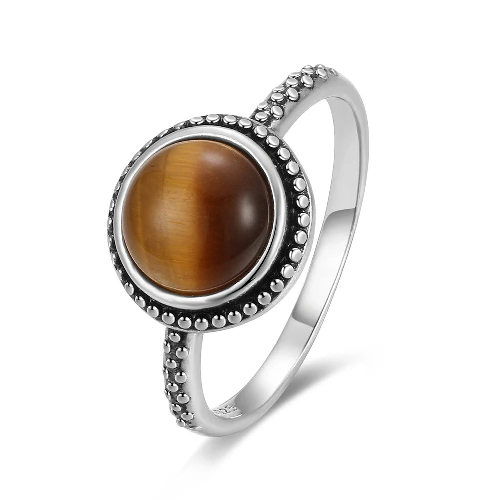 خواتم فضة إسترليني عيار 925 بتصميم عتيق، مرصعة بحجر عين النمر الطبيعي على شكل زهرة، مقاس 8×10 مم، مناسبة للرجال والنساء.