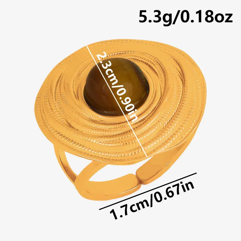 خاتم من حجر عين النمر الحقيقي على شكل قلب الشمس من الفولاذ المقاوم للصدأ، خواتم مفتوحة للنساء والرجال، إكسسوارات مجوهرات عتيقة مطلية بالذهب الحقيقي