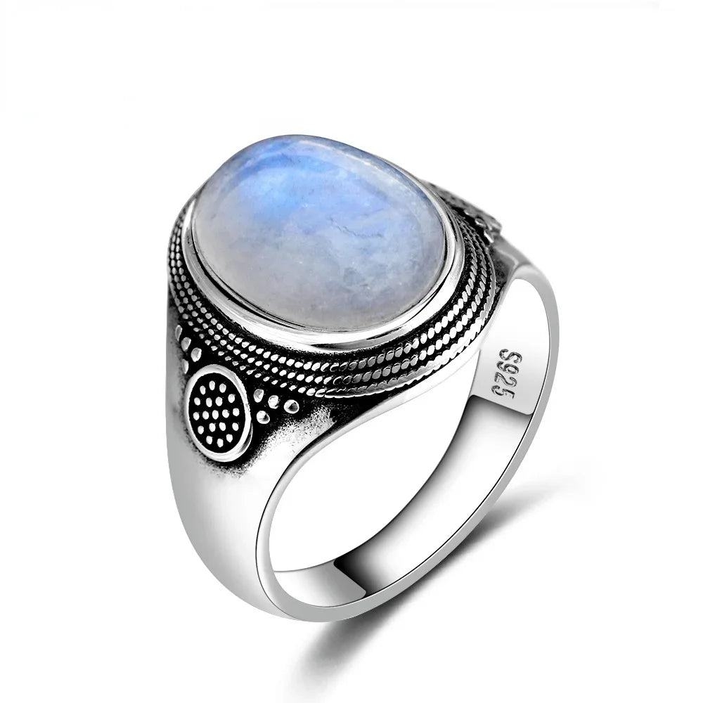 Vintage S925 Sterling Silver Natural labradorite Moonstone Ring 10x14MM Large Turquoise Lapis Retro Ring For Women Men