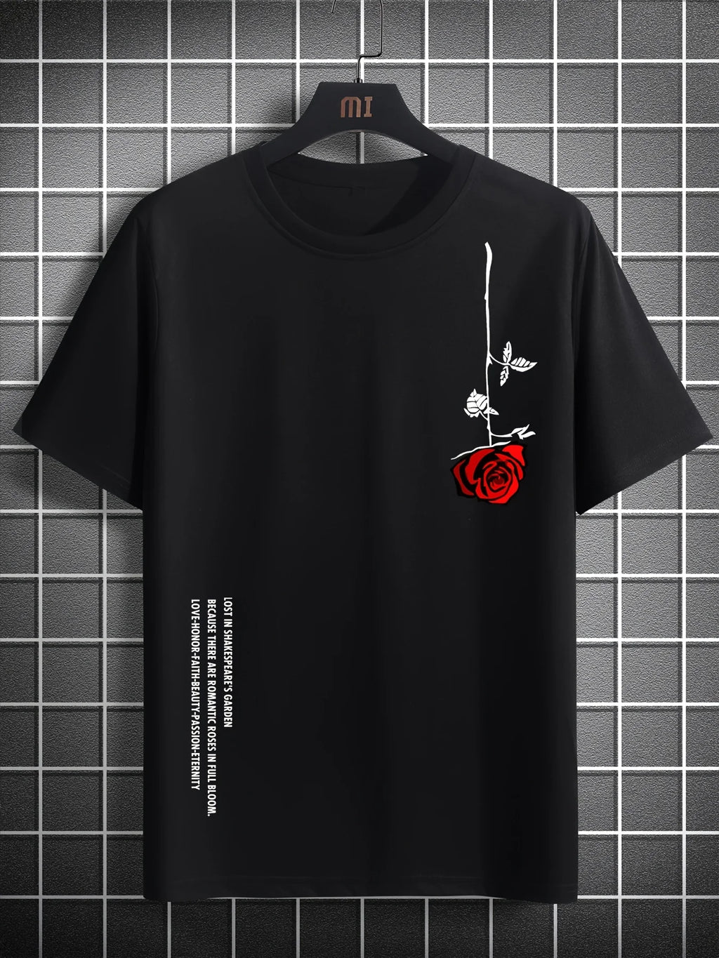 تيشيرت رجالي صيفي فضفاض، مصنوع من القطن بنسبة 100%، بطبعة ورود، بقصة ضيقة، وياقة دائرية، وأكمام قصيرة.