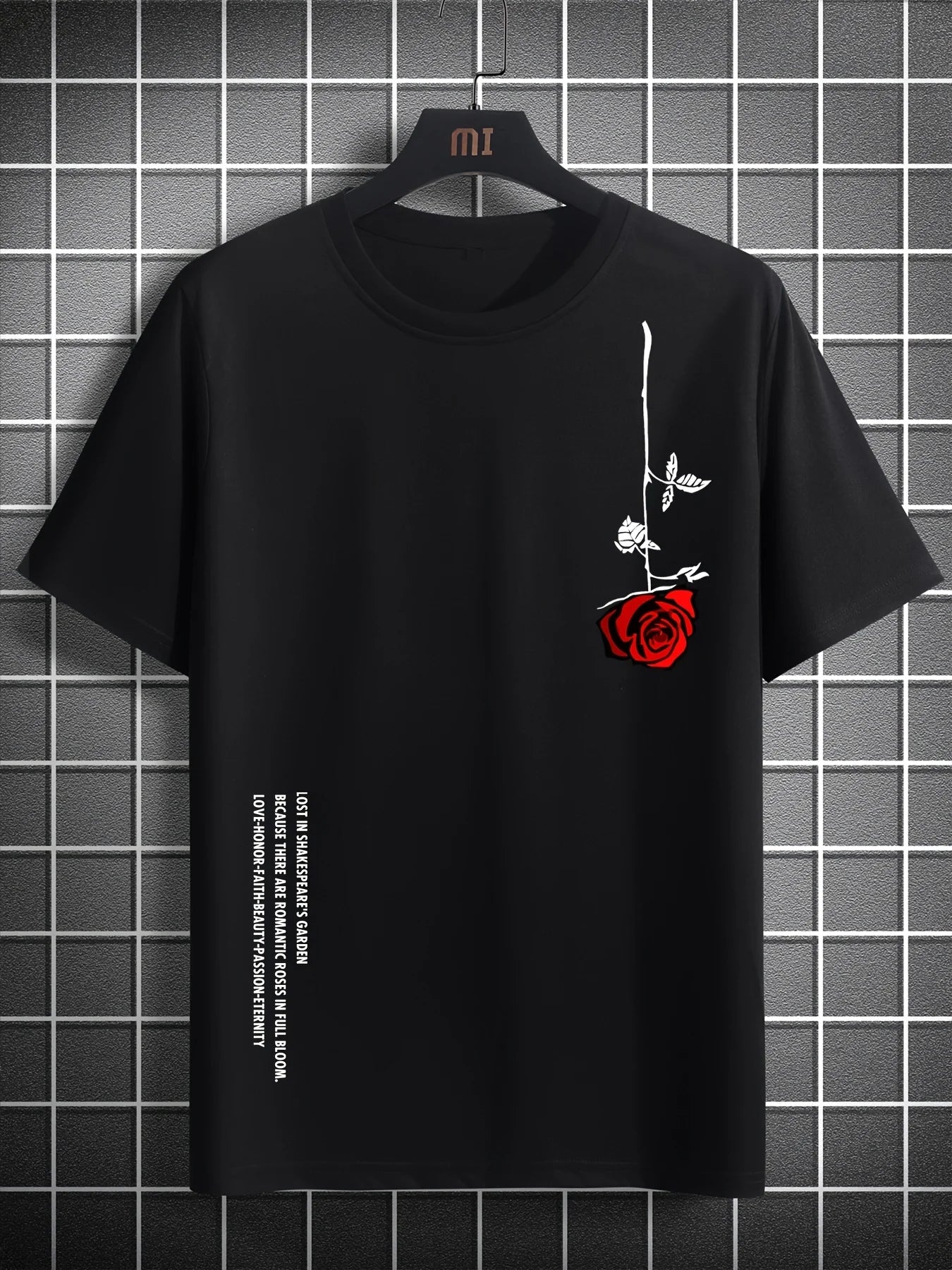 تيشيرت رجالي صيفي فضفاض، مصنوع من القطن بنسبة 100%، بطبعة ورود، بقصة ضيقة، وياقة دائرية، وأكمام قصيرة.